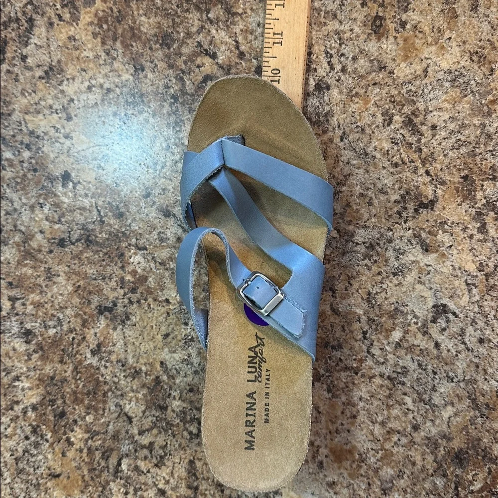 Marina Luna Blue Leather Cork Wedge Sandals